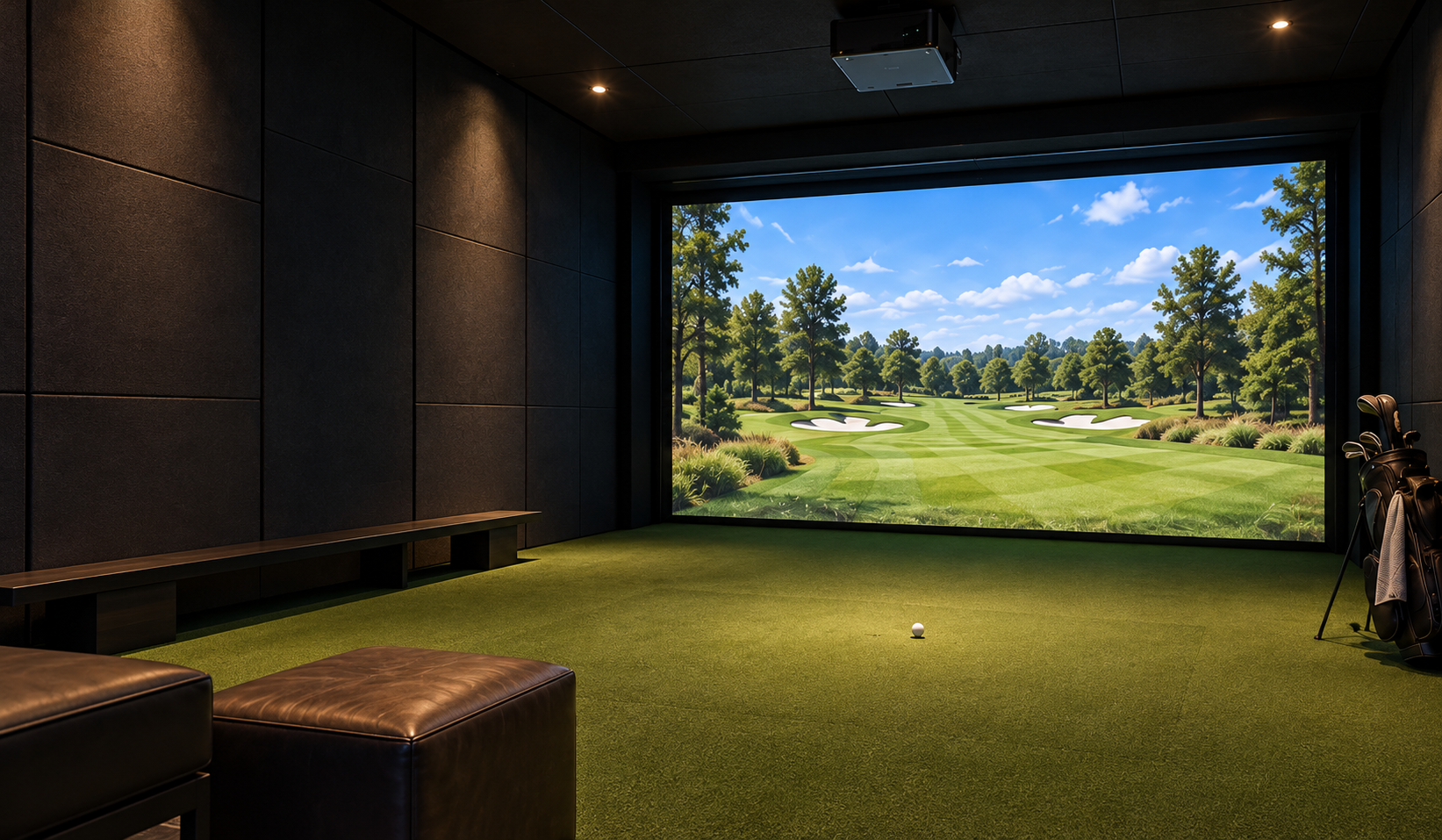 An indoor golf simulator with a fairway on the screen and a hitting surface installed flush with the surrounding turf.
